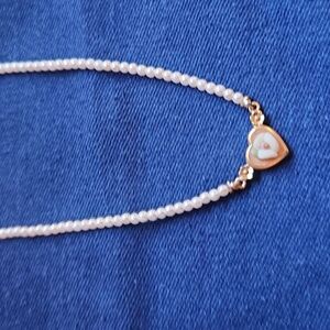 1928 Vintage Gold Tone Girls Necklace, Faux Pearl, Heart, Porcelain